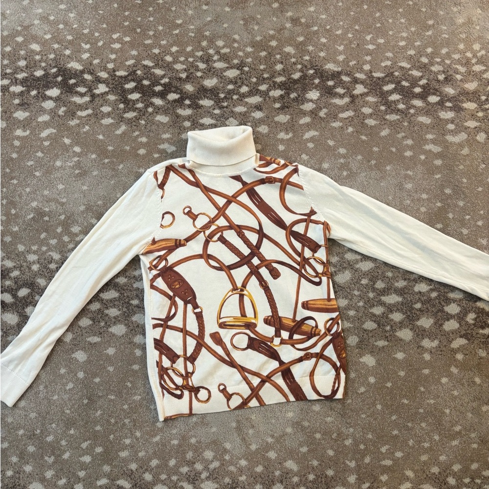 Lauren Ralph Lauren Cream and Brown Equestrian Print Turtleneck Sweater PL